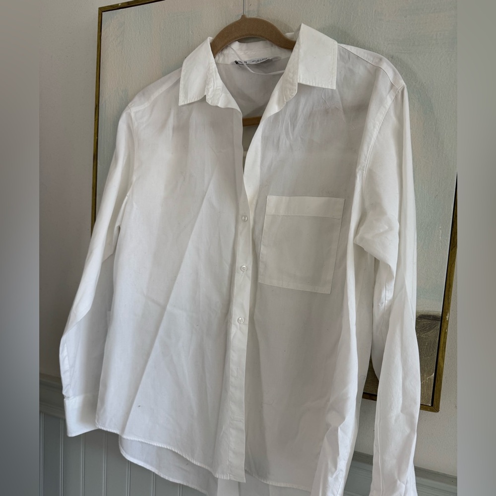 ZARA Poplin Shirt White Pocket Long Sleeve Shirt Size Small - Picture 3 of 5